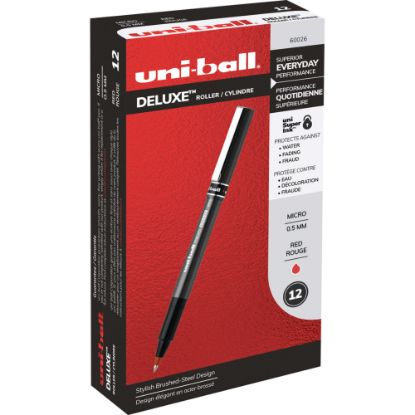 Picture of uni-ball Deluxe Rollerball Pens, Micro Point, 0.5 mm, Charcoal Barrel, Red Ink, Pack Of 12