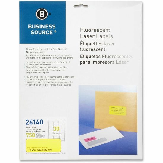 Picture of Business Source Neon Labels - 1in Width x 2 5/8in Length - Permanent Adhesive - Rectangle - Laser - Neon Yellow - 30 / Sheet - 750 / Pack - Jam-free, Pressure Sensitive