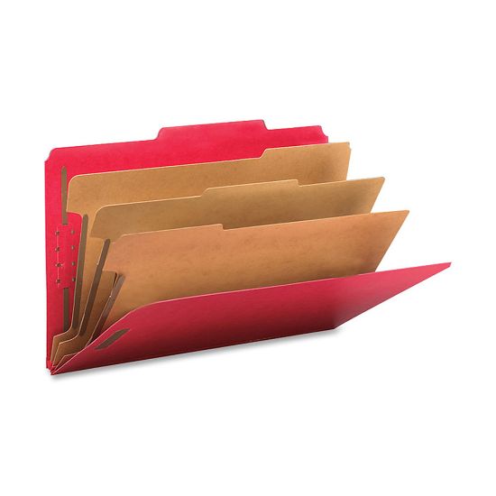 Picture of Smead Classification Folders, Top-Tab With SafeSHIELD Coated Fasteners, 3 Dividers, 3in Expansion, Legal Size, 50% Recycled, Bright Red, Box Of 10