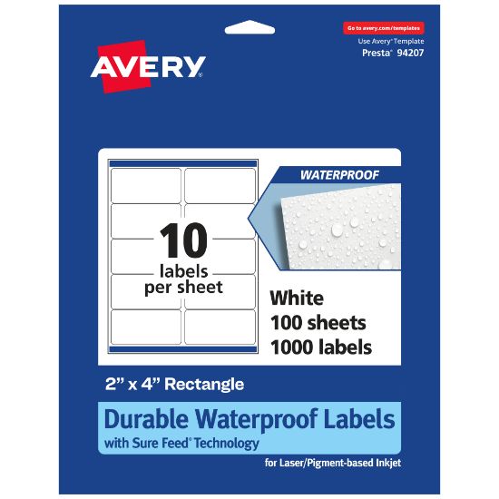 Picture of Avery Waterproof Permanent Labels With Sure Feed, 94207-WMF100, Rectangle, 2in x 4in, White, Pack Of 1,000