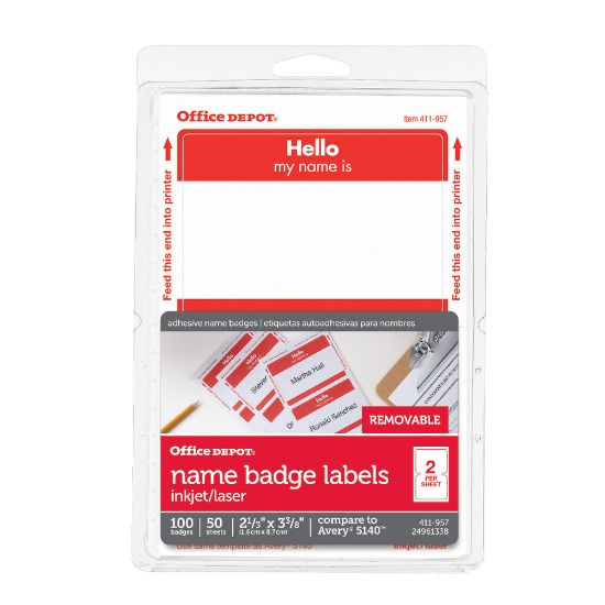 Picture of Office Depot Brand Hello Name Badge Labels, 2 11/32in x 3 3/8in, Red Border, Pack Of 100