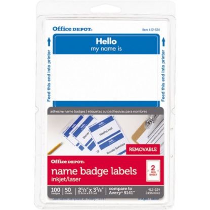 Picture of Office Depot Brand Hello Name Badge Labels, 2 11/32in x 3 3/8in, Blue Border, Pack Of 100