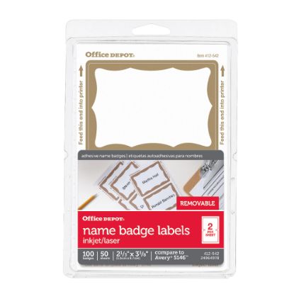 Picture of Office Depot Brand Name Badge Labels, 2 11/32in x 3 3/8in, Gold Border, Pack Of 100