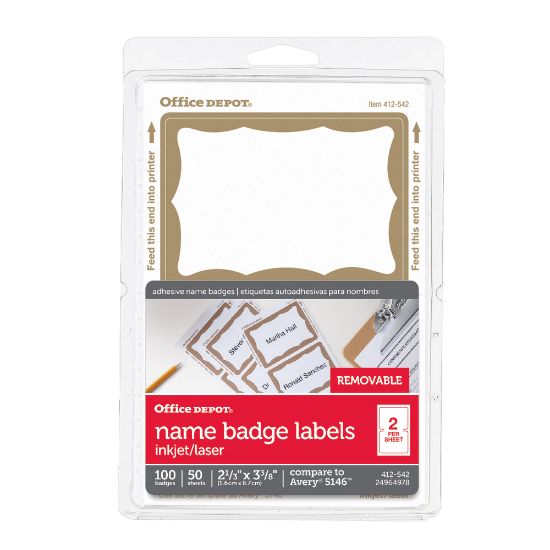 Picture of Office Depot Brand Name Badge Labels, 2 11/32in x 3 3/8in, Gold Border, Pack Of 100