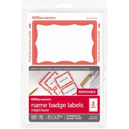 Picture of Office Depot Brand Name Badge Labels, 2 11/32in x 3 3/8in, Red Border, Pack Of 100