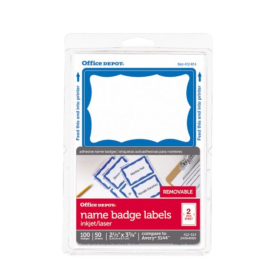 Picture of Office Depot Brand Name Badge Labels, 2 11/32in x 3 3/8in, Blue, Pack Of 100