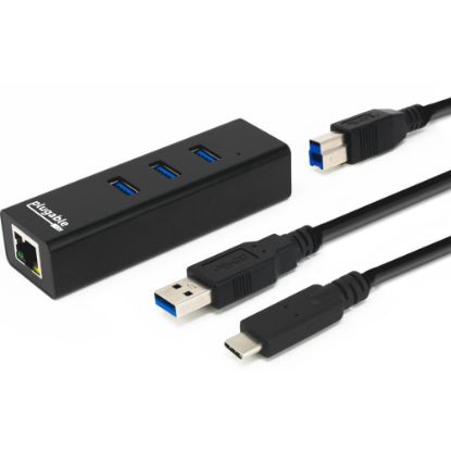 Picture of Plugable USB Hub with Ethernet, 3 port USB 3.0 Bus Powered Hub with Gigabit Ethernet - Compatible with Windows, MacBook, Linux, Chrome OS, Includes USB C and USB 3.0 Cables