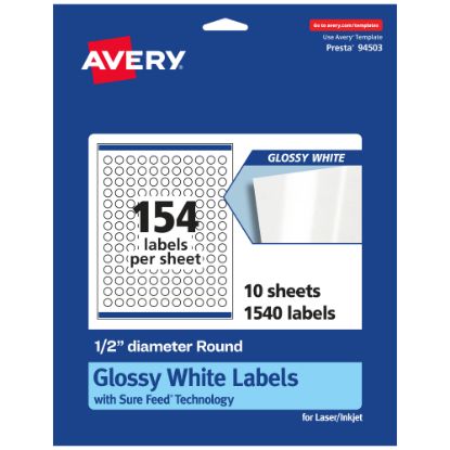 Picture of Avery Glossy Permanent Labels With Sure Feed, 94503-WGP10, Round, 1/2in Diameter, White, Pack Of 1,540