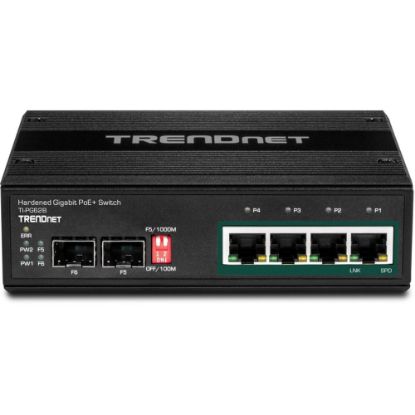 Picture of TRENDnet 6-Port Hardened Industrial Unmanaged Gigabit 10/100/1000Mbps DIN-Rail Switch, 4 x Gigabit PoE+ Ports, 2 x Dedicated SFP Slots, Lifetime Protection, Black, TI-PG62B