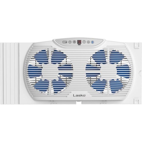 Picture of Lasko Electrically Reversible Twin Window Fan with Bluetooth - 3 Speed - Thermostat, Reverse Airflow, Timer, Bluetooth - 10.2in Height x 21.7in Width