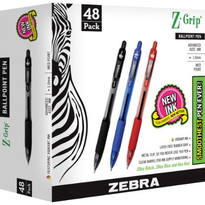 Picture of Zebra Pen Z-Grip Retractable Ballpoint Pens - Medium Pen Point - 1 mm Pen Point Size - Retractable - Assorted - Clear Plastic Barrel - 48 / Pack