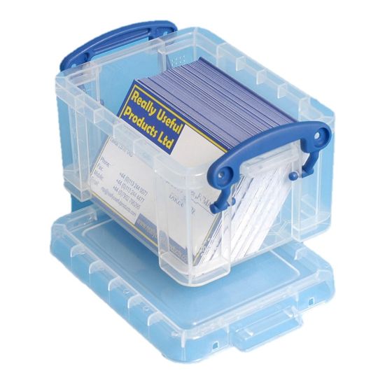 Picture of Really Useful Box Plastic Storage Container With Built-In Handles And Snap Lid, 0.3 Liter, 4 3/4in x 3 1/4in x 2 1/2in, Clear