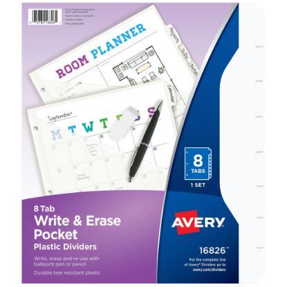 Picture of Avery Durable Plastic 8-Tab Write & Erase Dividers For 3 Ring Binders With Slash Pocket, 9-1/4in x 11-1/4in, Translucent White, 1 Set