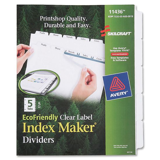 Picture of SKILCRAFT Index Maker Clear Label Dividers With White Tabs, 5-Tab, Pack Of 5 Sets (AbilityOne 7530-01-600-6981)