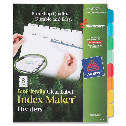 Picture of SKILCRAFT Index Maker Clear Label Dividers With White Tabs, 8-Tab (AbilityOne7530-01-600-6978)