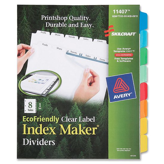 Picture of SKILCRAFT Index Maker Clear Label Dividers With White Tabs, 8-Tab (AbilityOne7530-01-600-6978)