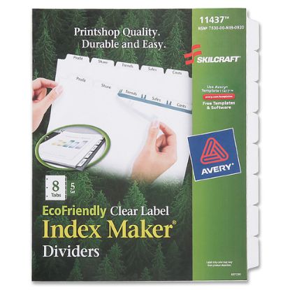 Picture of SKILCRAFT Index Maker Clear Label Dividers With Whtie Tabs, 8-Tab, Pack Of 5 Sets (AbilityOne 7530-01-600-6982)