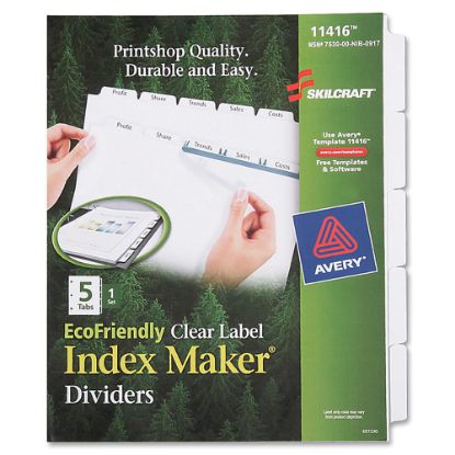 Picture of SKILCRAFT Index Maker 100% Recycled Clear Label Dividers With White Tabs, 5-Tab (AbilityOne 7530-01-600-6977)