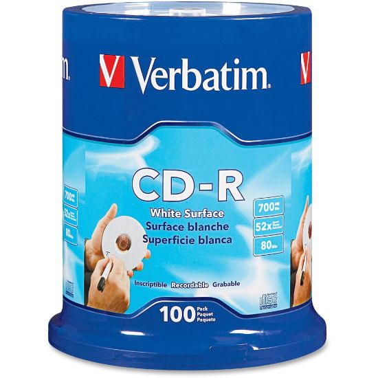 Picture of Verbatim 52X CD-R Discs With Blank White Surface, 700MB/80 Minutes, Pack Of 100