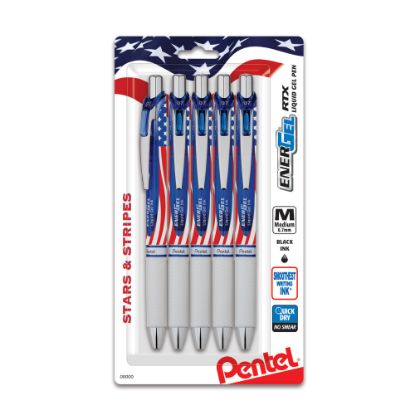 Picture of Pentel EnerGel Stars & Stripes Liquid Gel Pens, Pack Of 5, Medium Point, 0.7 mm, Red/White/Blue Barrel, Black Ink