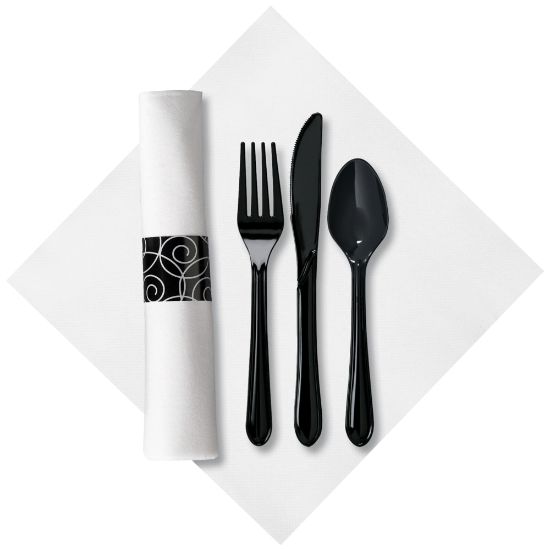 Picture of CaterWrap Pre-Rolled Cutlery, Silver Swirl Linen-Like Napkin, Black/White, Case Of 100 Rolls