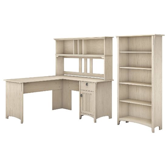 Picture of Bush Furniture Salinas 60inW L Shaped Desk with Hutch and 5 Shelf Bookcase, Antique White, Standard Delivery