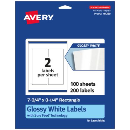 Picture of Avery Glossy Permanent Labels With Sure Feed, 94260-WGP100, Rectangle, 7-3/4in x 3-1/4in, White, Pack Of 200