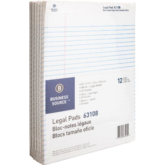 Picture of Business Source Micro-Perforated Legal Ruled Pads - 50 Sheets - 0.34in Ruled - 16 lb Basis Weight - 8 1/2in x 11 3/4in - White Paper - Micro Perforated, Easy Tear, Sturdy Back - 1 Dozen