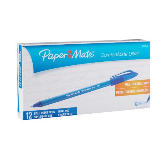 Picture of Paper Mate Comfortmate Ultra Ballpoint Stick Pens, Medium Point, 1.0 mm, Blue Barrel, Blue Ink, Pack Of 12