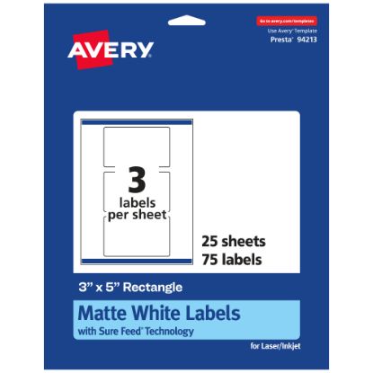 Picture of Avery Permanent Labels With Sure Feed, 94213-WMP25, Rectangle, 3in x 5in, White, Pack Of 75