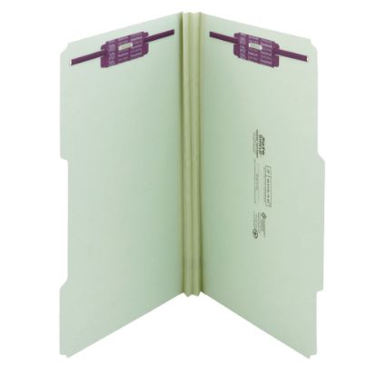 Picture of Smead Guide Height Pressboard Folders With SafeSHIELD Fasteners, 2/5 Cut, Legal Size, 2in Expansion, Gray/Green, Box Of 25