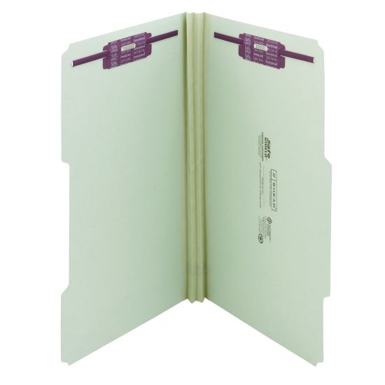 Picture of Smead Guide Height Pressboard Folders With SafeSHIELD Fasteners, 2/5 Cut, Legal Size, 2in Expansion, Gray/Green, Box Of 25