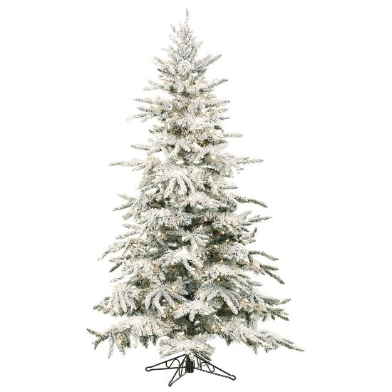 Picture of Fraser Hill Farm 7 1/2in Mountain Pine Flocked Artificial Christmas Tree With Smart String Lighting, White/Black