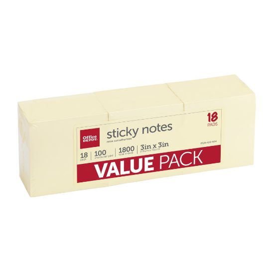 Picture of Office Depot Brand Sticky Notes Value Pack, 3in x 3in, Yellow, 100 Sheets Per Pad, Pack Of 18 Pads