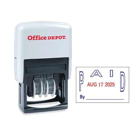 Picture of Office Depot Brand Date Paid Dater Stamp Self-Inking with Extra Pad Date Paid Dater  Stamp, 1in x 1-3/4in Impression, Red and Blue Ink