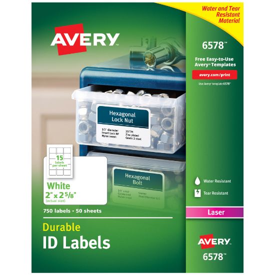 Picture of Avery Permanent Durable ID Labels With TrueBlock, 6578, Rectangle, 2in x 2-5/8in, White, Pack Of 750