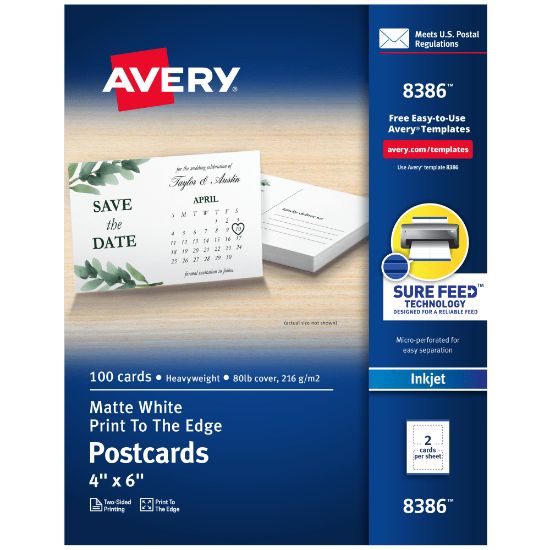 Picture of Avery Printable Postcards With Sure Feed Technology, 4in x 6in, Matte White, 100 Blank Postcards