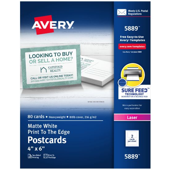 Picture of Avery Printable Postcards With Sure Feed Technology, 4in x 6in, White, 80 Blank Postcards