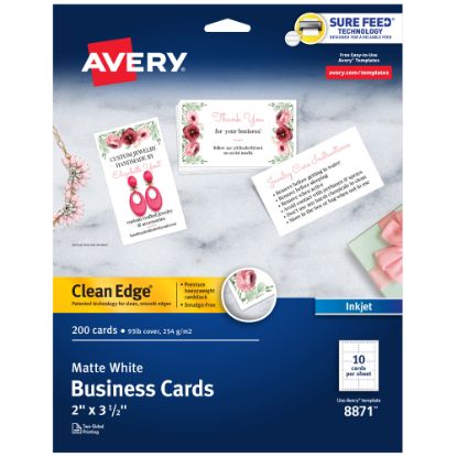 Picture of Avery Clean Edge Printable Business Cards With Sure Feed Technology For Inkjet Printers, 2in x 3.5in, White, 200 Blank Cards