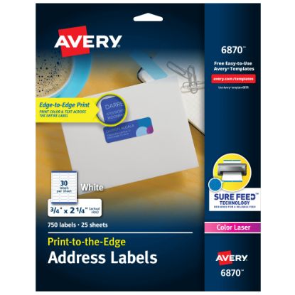 Picture of Avery Print-to-the-Edge Copier Address Labels - 3/4in Width x 2 1/4in Length - Permanent Adhesive - Rectangle - Laser - White - Paper - 30 / Sheet - 25 Total Sheets - 750 Total Label(s) - 750 / Pack