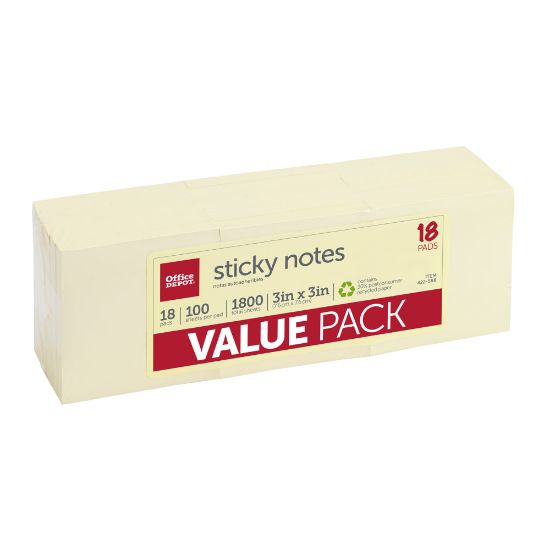 Picture of Office Depot Brand Sticky Notes Value Pack, 30% Recycled, 3in x 3in, Yellow, 100 Sheets Per Pad, Pack Of 18 Pads