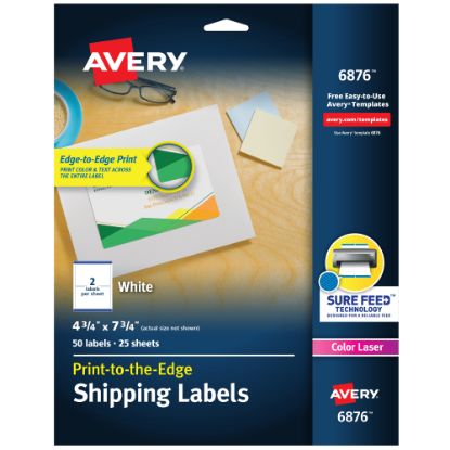 Picture of Avery Print-to-the-Edge Shipping Labels With Sure Feed Technology, 6876, Rectangle, 4-3/4in x 7-3/4in, White, Pack Of 50