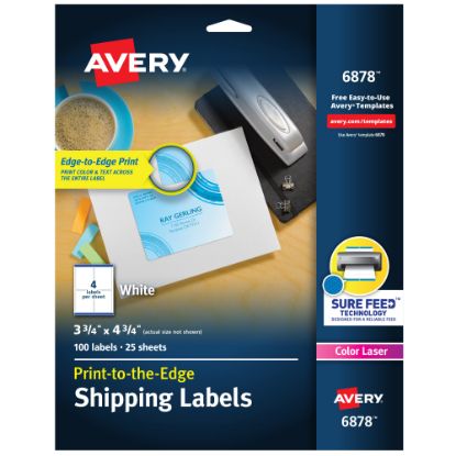 Picture of Avery Print-to-the-Edge Shipping Labels With Sure Feed For Color Laser Printers, 6878, Rectangle, 3-3/4in x 4-3/4in, White, Pack Of 100