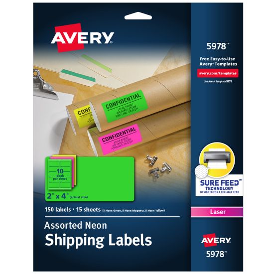 Picture of Avery Neon Shipping Labels With Sure Feed, 5978, Rectangle, 2inx4in, Assorted Neon Colors, Pack Of 150