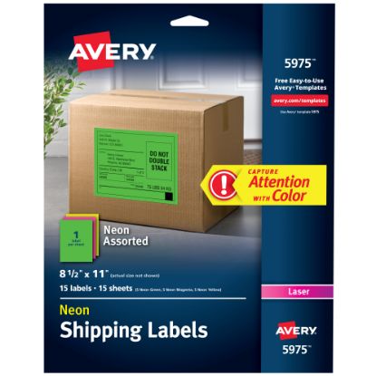 Picture of Avery Color Permanent Laser Full-Sheet Labels, 5975, 8 1/2in x 11in, Assorted Colors, Pack Of 15