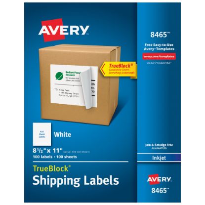 Picture of Avery Permanent Full-Sheet Labels, 8465, Inkjet, 8 1/2in x 11in, White, Box Of 100