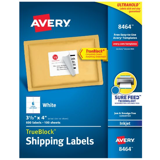 Picture of Avery TrueBlock Permanent Inkjet Shipping Labels, 8464, 3 1/3in x 4in, White, Pack Of 600