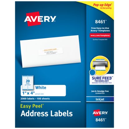 Picture of Avery Easy Peel Address Labels With Sure Feed Technology, 8461, Rectangle, 1in x 4in, White, Box Of 2,000