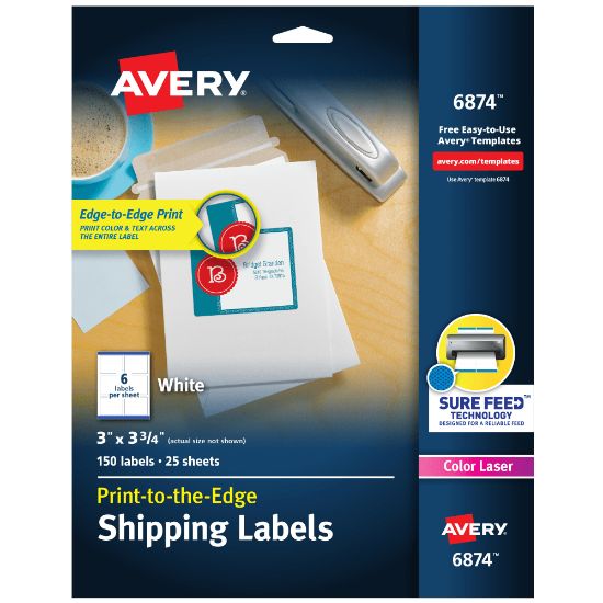 Picture of Avery Print-to-the-Edge Shipping Labels With Sure Feed For Color Laser Printers, 6874, Rectangle, 3in x 3-3/4in, White, Pack Of 150