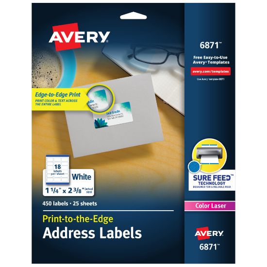 Picture of Avery Print-To-The-Edge Permanent Address Laser Labels, 6871, 1 1/4in x 2 3/8in, White, Pack Of 450